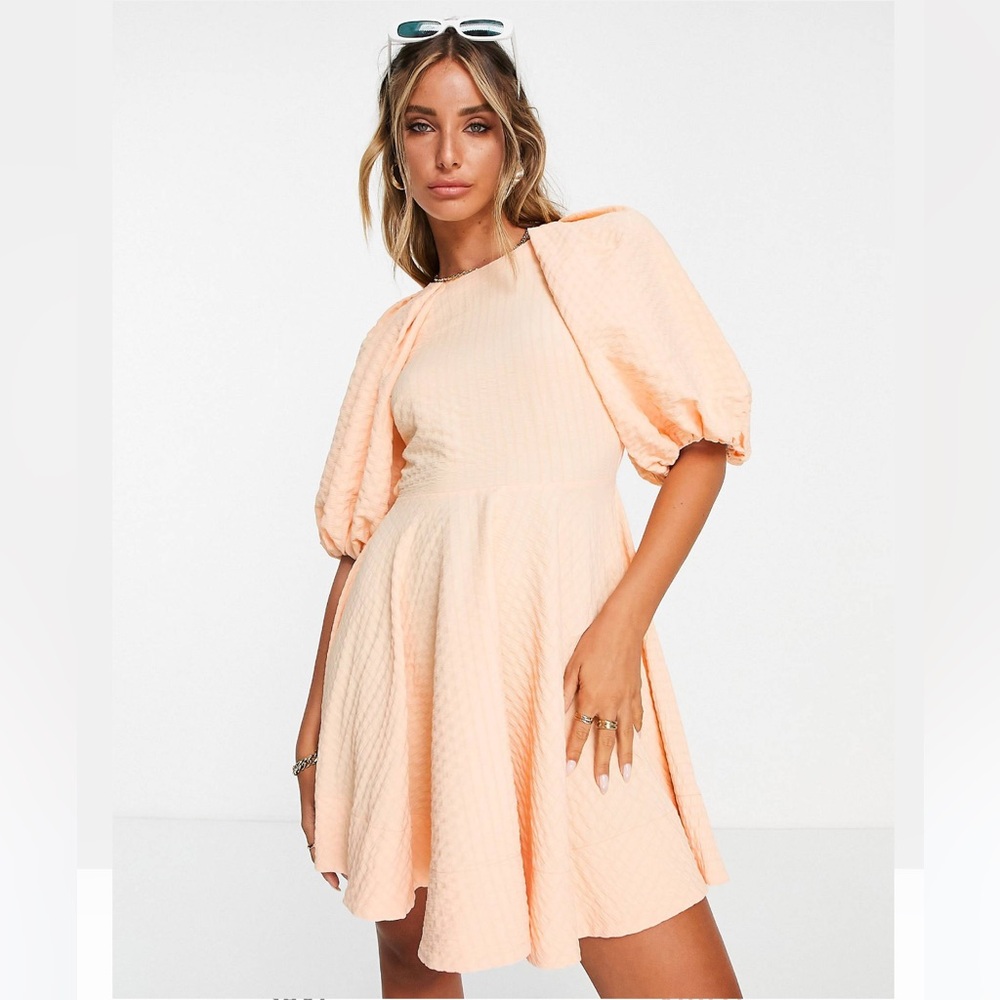 ASOS DESIGN open back puff sleeve mini dress in apricot texture